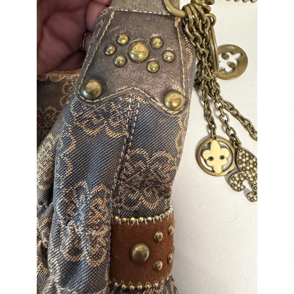 Kathy Van Zeeland Hobo Bag Large Brown Fleur De Lis Studded Y2K Boho Purse